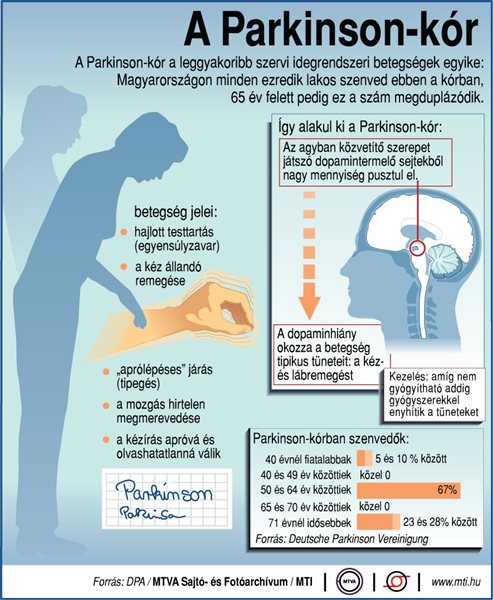 A Parkinson-kór a leggyakoribb szervi idegrendszeri betegségek egyike: Magyarországon minden ezredik lakos szenved ebben a kórban, 65 év felett pedig ez a szám megduplázódik. A betegség jelei: a kéz állandó remegése, hajlott testtartás (egyensúlyzavar), aprólépéses járás (tipegés), a mozgás hirtelen megmerevedése, a kézírás apróvá és olvashatatlanná válik Így alakul ki a Parkinson-kór: Az agyban közvetítő szerepet játszó dopamintermelő sejtekből nagy mennyiség pusztul el. A dopaminhiány okozza a betegség tipikus tüneteit: a kéz- és lábremegést;
Kezelés: amíg nem gyógyítható addig gyógyszerekkel enyhítik a tüneteket